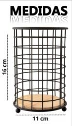 Porta Talher Redondo - Escorredor Aramado Metal Preto Madeira - Imagem 3