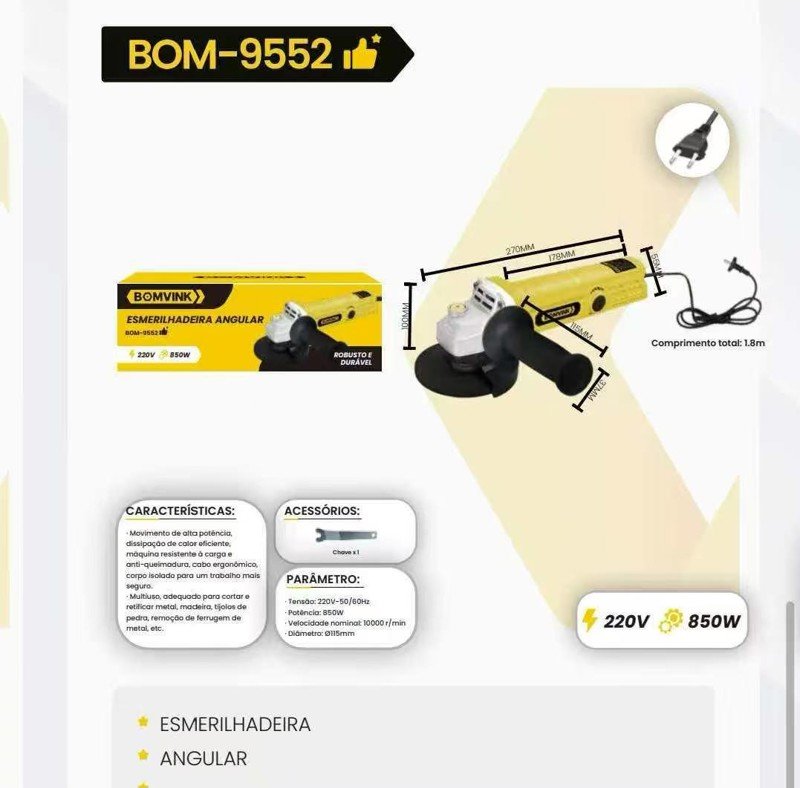 Esmerilhadeira Angular Profissional com 1 Acessório 850W BOM-9552